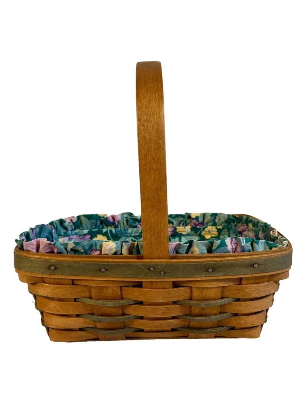Longaberger Handwoven Basket With Floral Fabric Liner & Plastic Protector